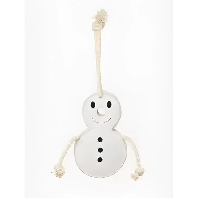 White wooden lemieux horse toy snowman with black eyes smiling face and three black buttons down its front