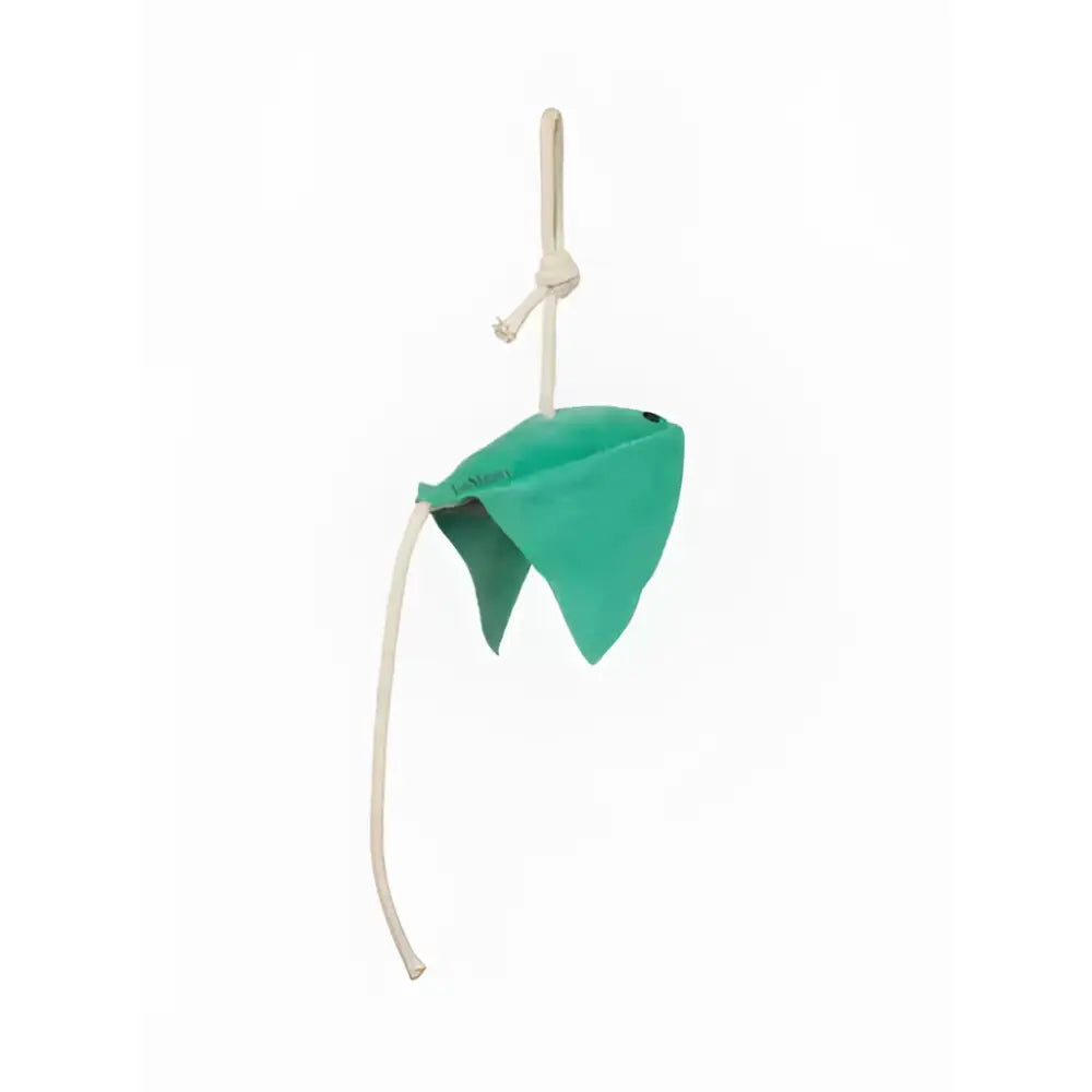 A teal fabric lemieux horse toy stingray with a white rope loop and long dangling cord for horse play