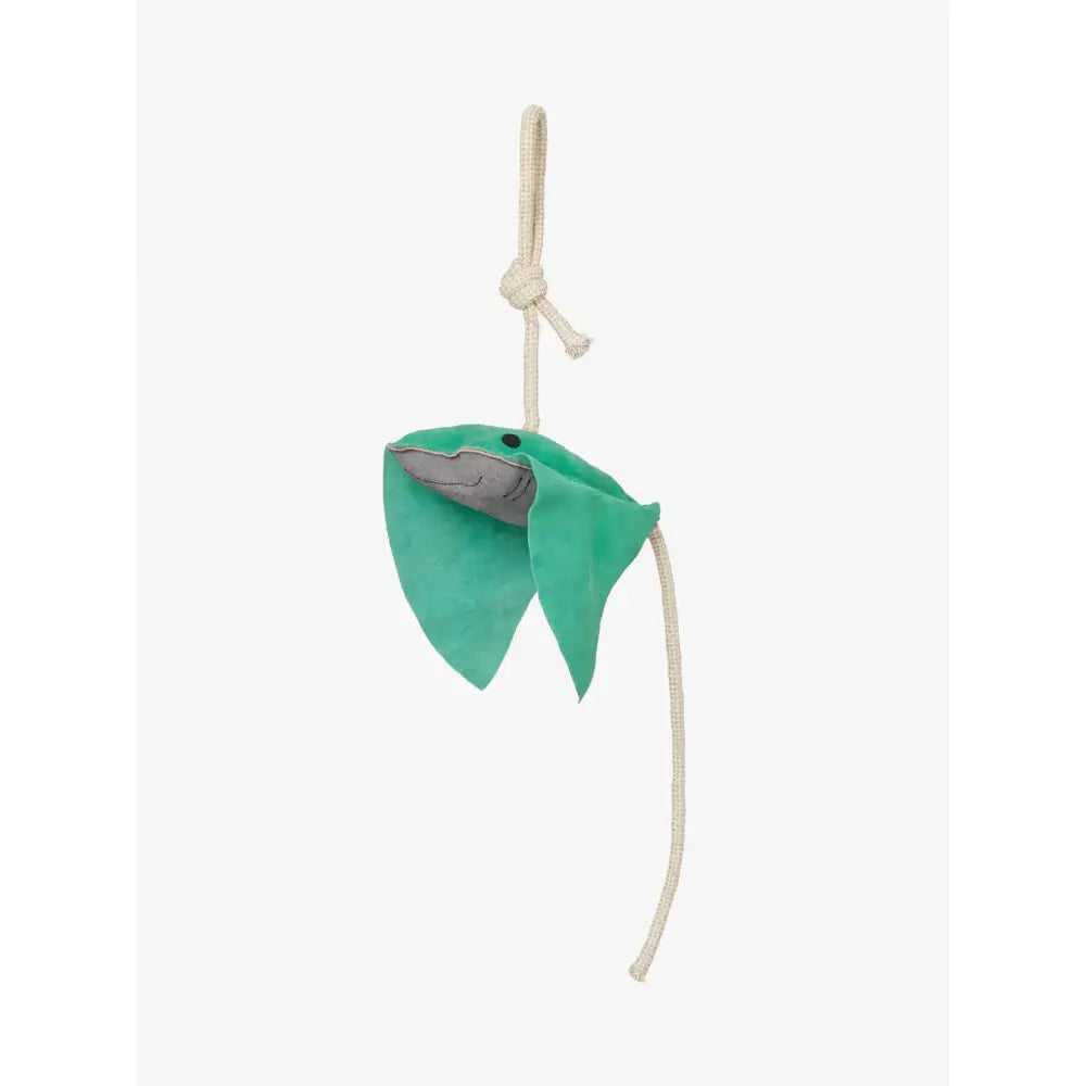 A teal plush lemieux horse toy stingray with gray mouth and black eye hanging from beige rope toy stingray
