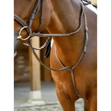 Brown leather hunter standing martingale with braided straps and silver hardware expertly designed for hunter discipline