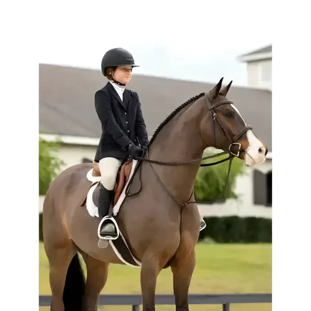 A young rider on a brown horse wearing a black hunter standing martingale by leMieux in havana silver for hunter discipline