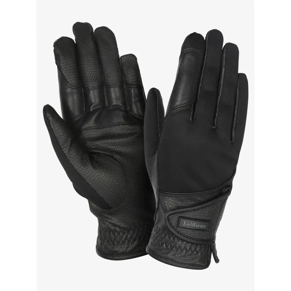 Black leather lemieux hybrid riding gloves with textured palm and reinforced stitching for close contact grip