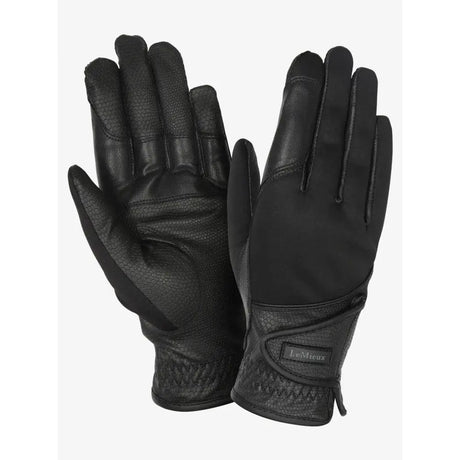 Black leather lemieux hybrid riding gloves with textured palm and reinforced stitching for close contact grip