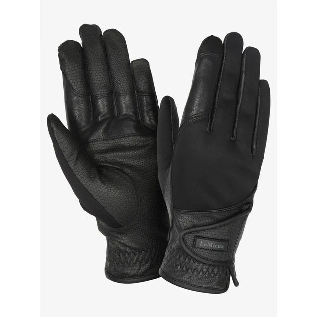 Black leather lemieux hybrid riding gloves with textured palm and reinforced stitching for close contact grip