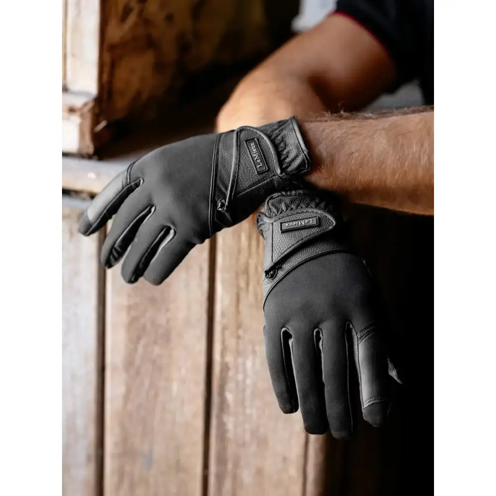 Black leather lemieux hybrid riding gloves with reinforced stitching and velcro strap for close contact riding