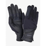 Back of lemieux hybrid riding gloves navy made of black leather with touchscreen palm and kwikfit label on wrist