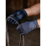 Navy blue lemieux hybrid riding gloves with soft shell leather, reinforced stitching, and subtle wrist brand patch