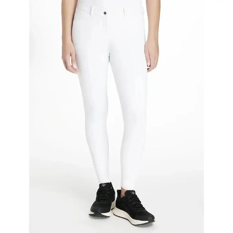 White lemieux imogen knee grip breeches with sleek form fitting design and single button waist closure