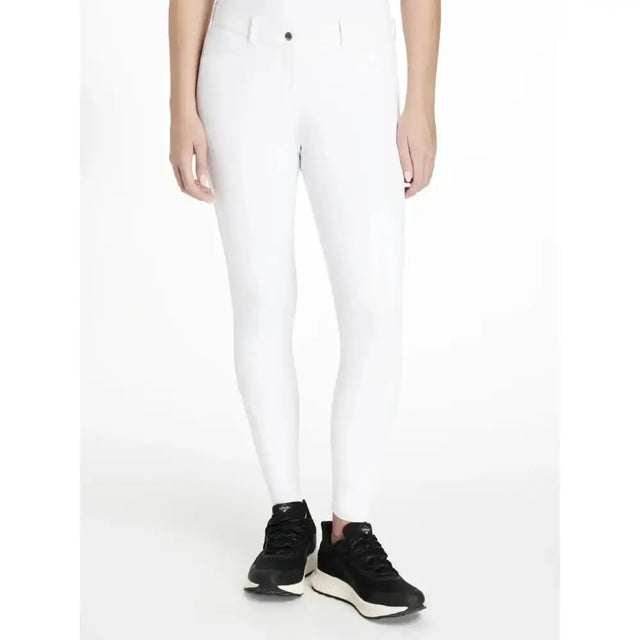 White lemieux imogen knee grip breeches with sleek form fitting design and single button waist closure