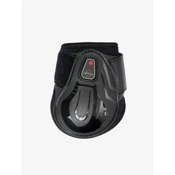 Black lemieux impact compliant fetlock boot with moulded protective strike and reinforced textured design