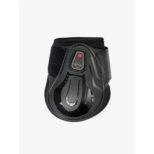 Black lemieux impact compliant fetlock boot with moulded protective strike and reinforced textured design