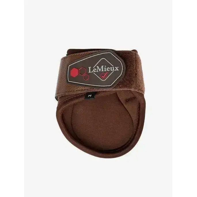 Brown lemieux impact compliant fetlock boots with padded velour interior and red hexagon branded patch for protection