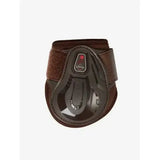 Brown leather lemieux impact compliant fetlock boots with black shell and adjustable straps for protective fetlock boots