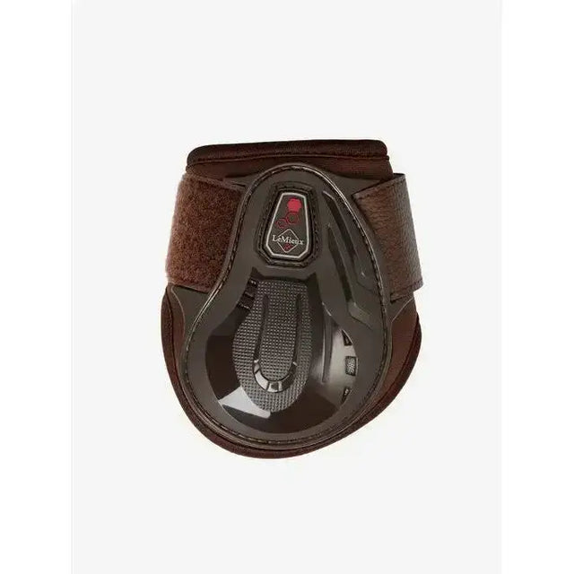 Brown leather lemieux impact compliant fetlock boots with black shell and adjustable straps for protective fetlock boots