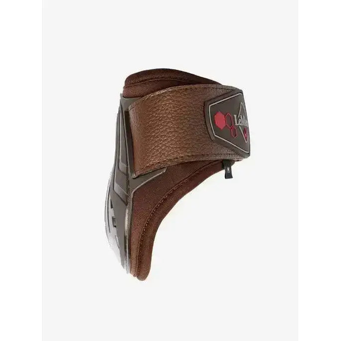 Brown leather lemieux impact compliant protective fetlock boots with black plastic buckle and red logo patch