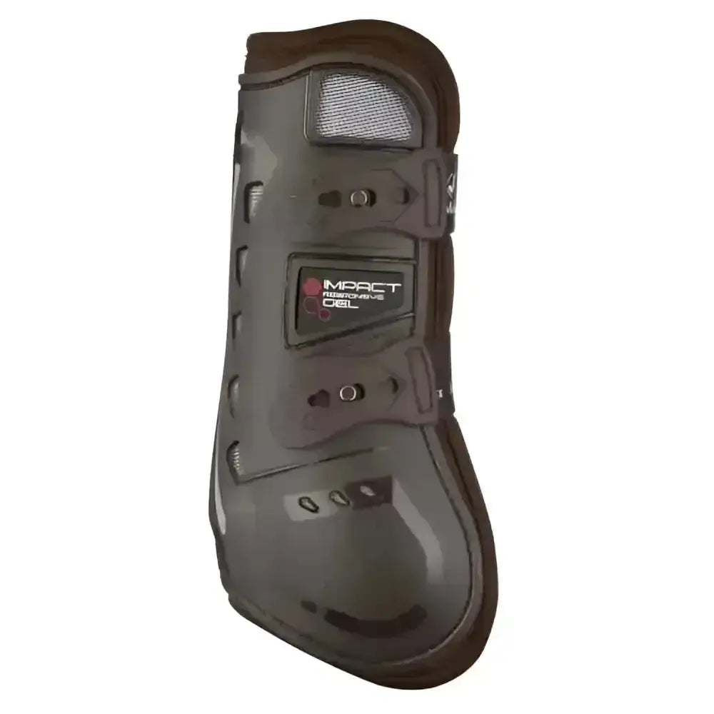 Dark gray and brown lemieux impact responsive gel tendon boots with textured impact fiberglass shell design for hoof protection