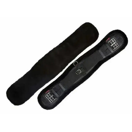 Black lemieux integrated dressage girth with sheepskin lining, reinforced stitching, and adjustable straps for comfort