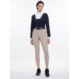 Navy and white long sleeve equestrian top with contrasting collar and cuffs styled with lemieux isabelle seat breeches almond