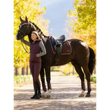 A dark brown horse wearing an elegant saddle and bridle next to lemieux isabelle damson seat breeches for equestrian use