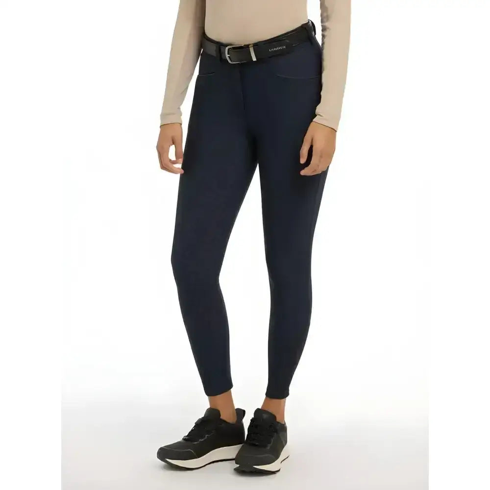 Navy blue lemieux isabelle seat breeches navy with high waist tonal reflective details and subtle branding on belt loop