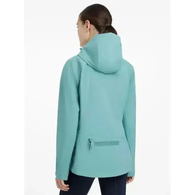Lemieux isla short waterproof jacket lagoon in teal with hood and reflective zipper pull for rainy days