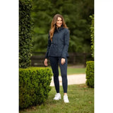 Navy blue lemieux isla short waterproof jacket with zippered pockets and high collar for riding use