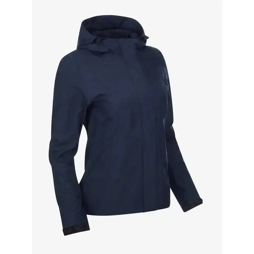 Navy blue lemieux isla short waterproof jacket with hood designed for outdoor use and wet weather protection