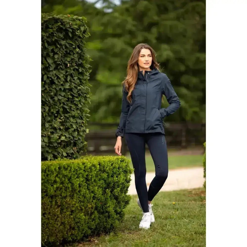 Navy lemieux isla short waterproof jacket with hood and zippered pockets perfect for rainy days