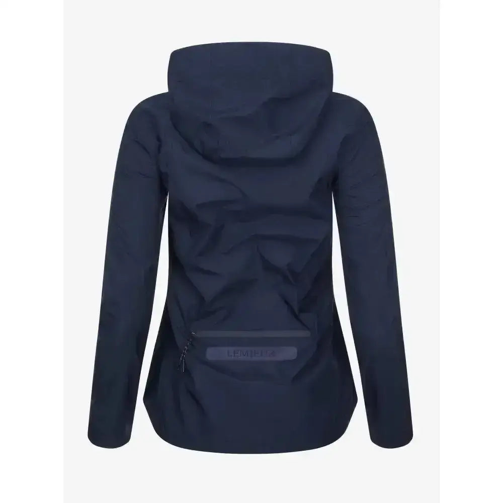 Dark navy lemieux isla short waterproof jacket with hood and reflective zipper pull perfect for hiking outdoors