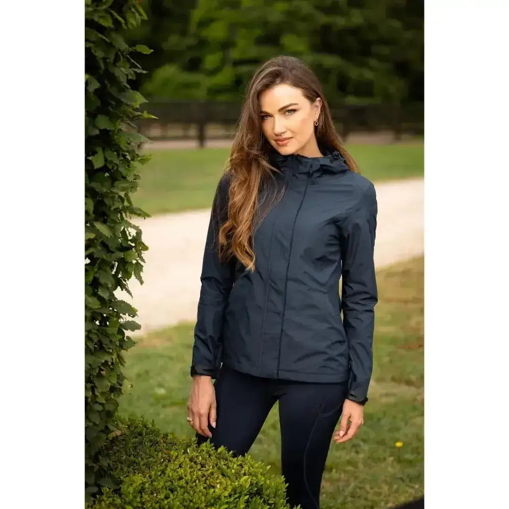 Dark navy lemieux isla short waterproof jacket with hood and full-length zipper perfect for rainy days