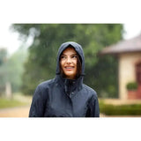 Dark navy lemieux isla short waterproof jacket with hood and zipper closure perfect for rainy days