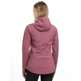 Back view of lemieux isla short waterproof jacket rosewood in sleek rose pink with hood and reflective lower back panel