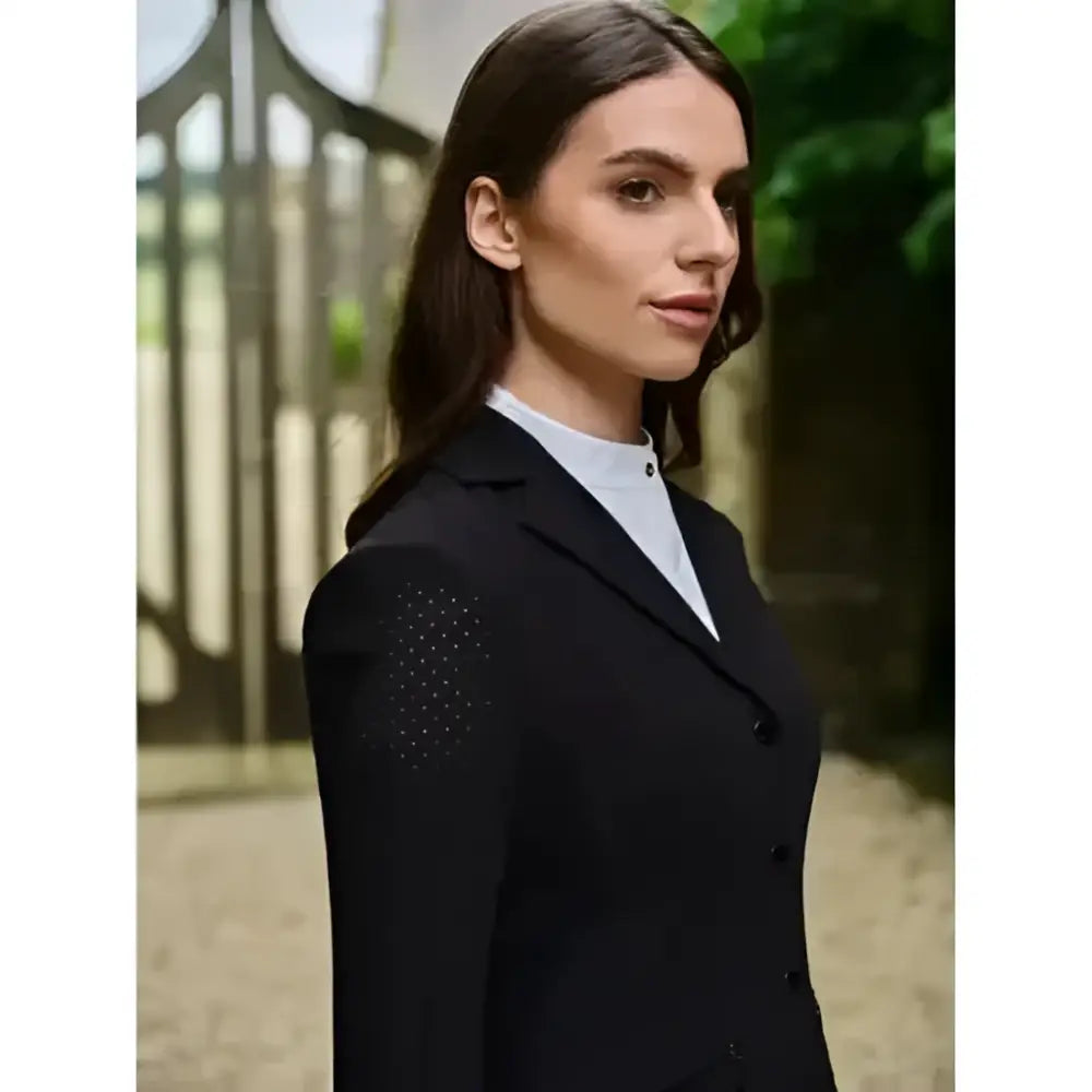 Black lemieux jessica mesh show jacket with sparkling shoulder embellishments perfect for riding events