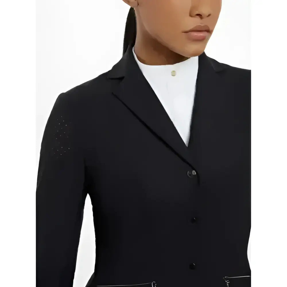 Black lemieux jessica mesh show jacket with subtle sparkling shoulder details and a sleek tailored design