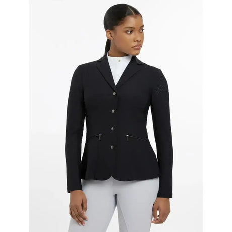Black lemieux jessica mesh show jacket with subtle shoulder embellishments and front zipper pockets for riding