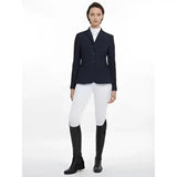 Black lemieux jessica mesh tailored equestrian jacket with three buttons and flap pockets for show riding