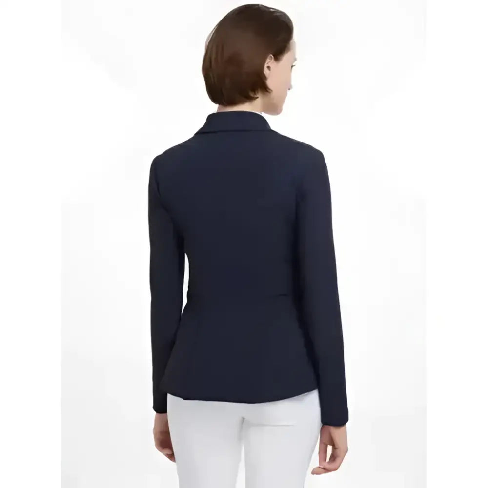 Navy blue fitted lemieux jessica mesh show jacket with long sleeves and structured collar for equestrian use