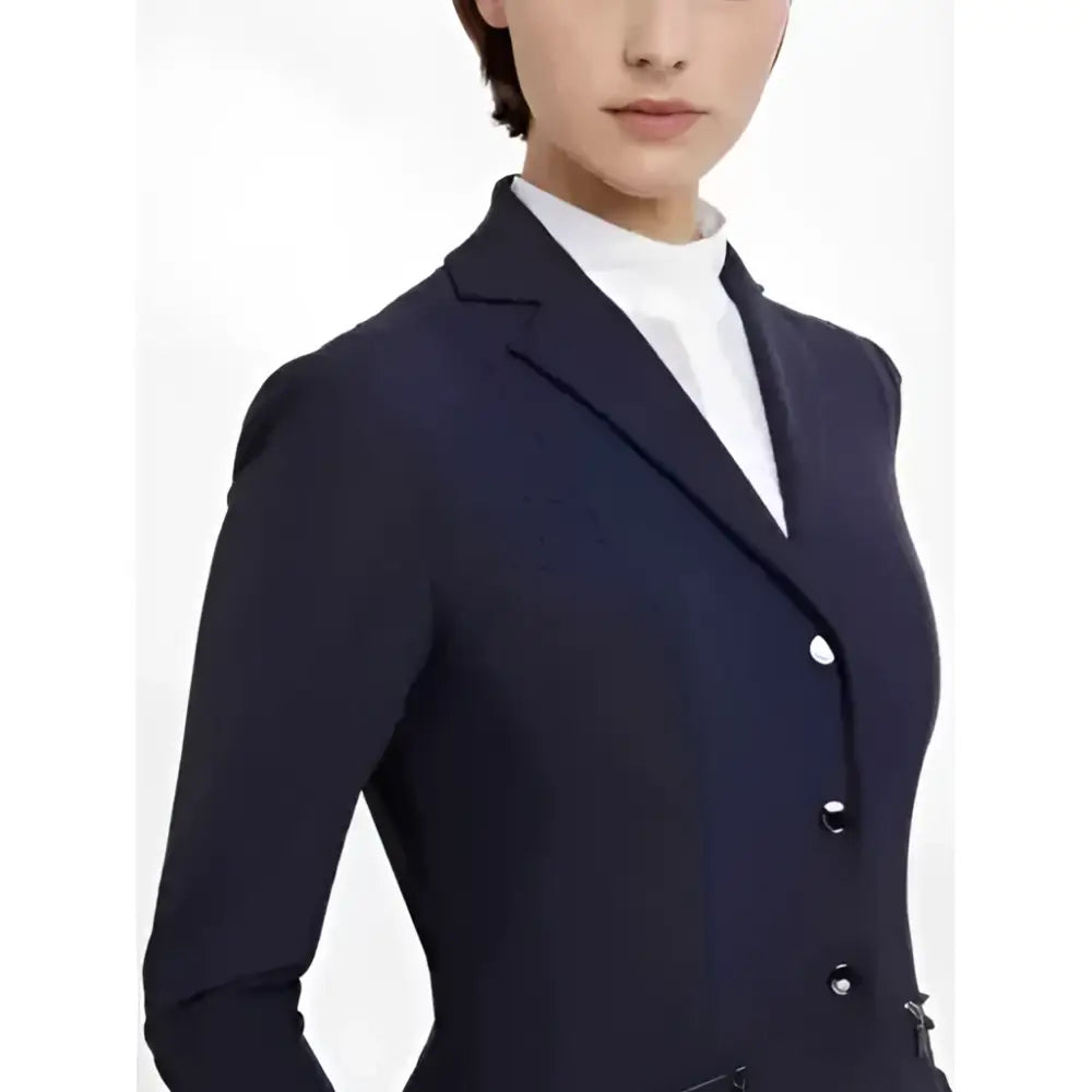 Navy tailored equestrian jacket with black buttons and subtle perforated detailing lemieux jessica mesh show jacket