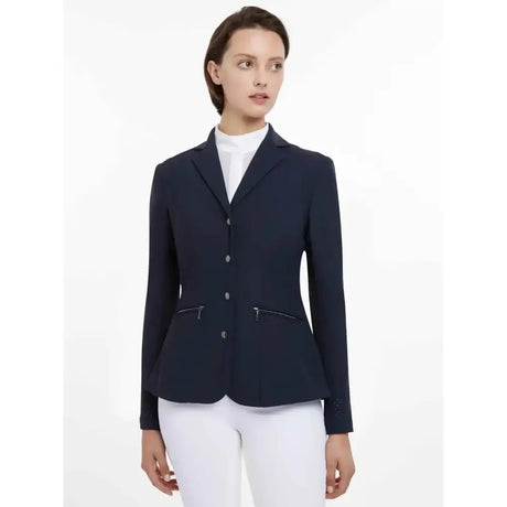 Navy blue lemieux jessica mesh equestrian show jacket with silver zippers and buttons for riding events
