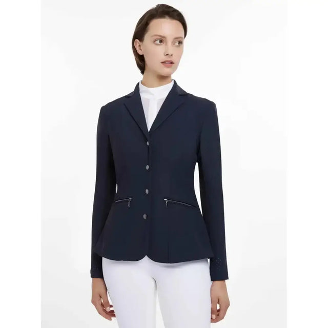 Navy blue lemieux jessica mesh equestrian show jacket with silver zippers and buttons for riding events