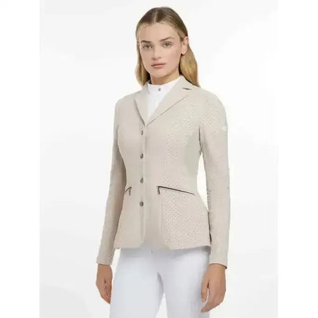 Beige lemieux jessica mesh show jacket stone with subtle textured pattern and black zipper accents for riding