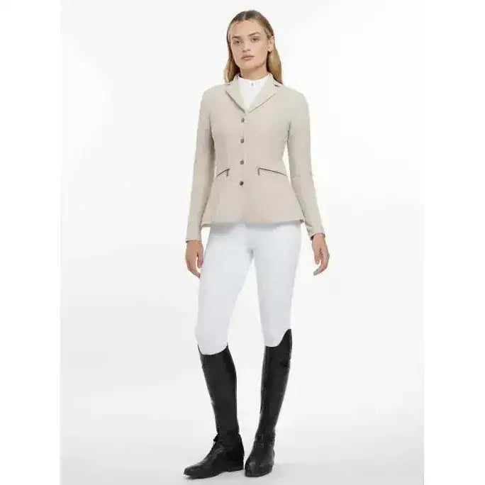 Beige lemieux jessica mesh equestrian jacket with black trim and button closure perfect for show riding