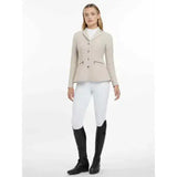 Beige lemieux jessica mesh equestrian jacket with black trim and button closure perfect for show riding