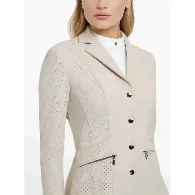 Beige lemieux jessica mesh show jacket with subtle perforated detailing and black buttons for equestrian use