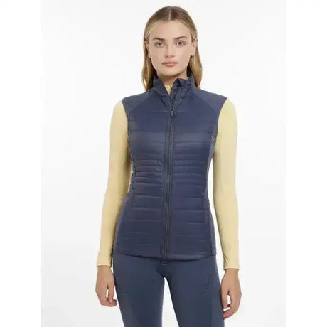 Navy blue quilted zip front vest lemieux juliette gilet dusk blue perfect for layering in cool weather