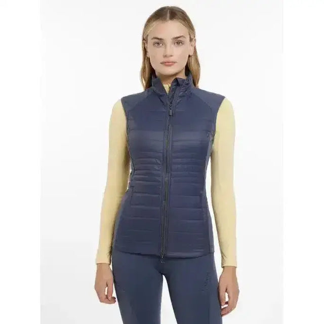 Navy blue quilted zip front vest lemieux juliette gilet dusk blue perfect for layering in cool weather