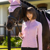 Pink horse fly mask with ear flaps and black trim shown with lemieux juliette jacket fondant soft jersey sleeves