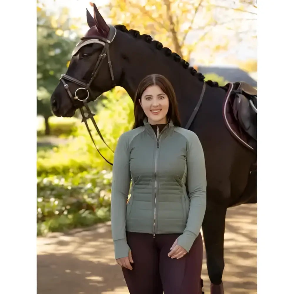 Olive green quilted zip-up jacket lemieux juliette jacket rosemary perfect for casual cool weather wear