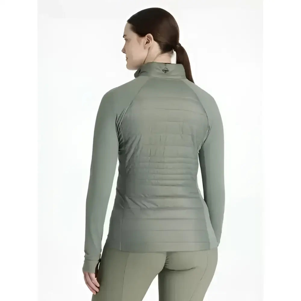 Olive green quilted lemieux juliette jacket rosemary with long sleeves high collar and subtle logo at neckline