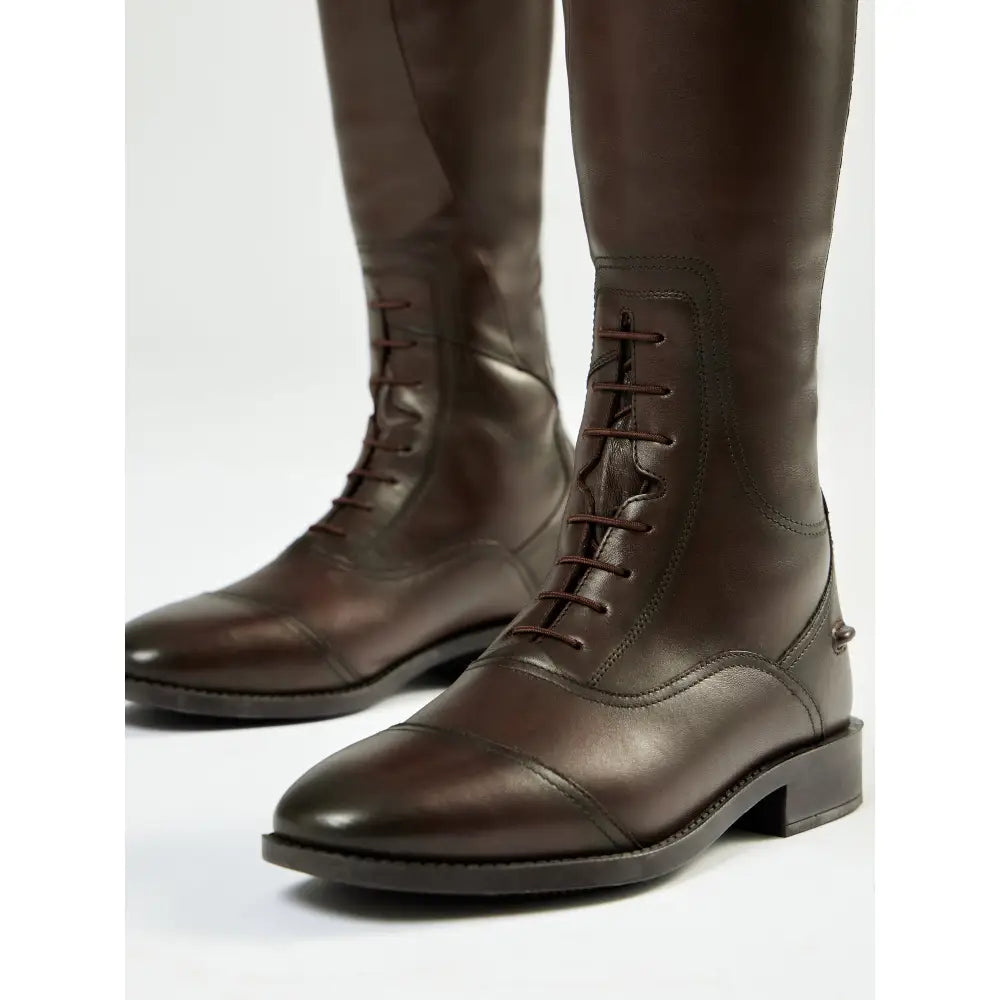 Brown leather lemieux junior field riding boots with laces low block heel durable ykk zip and elastic calf gussets